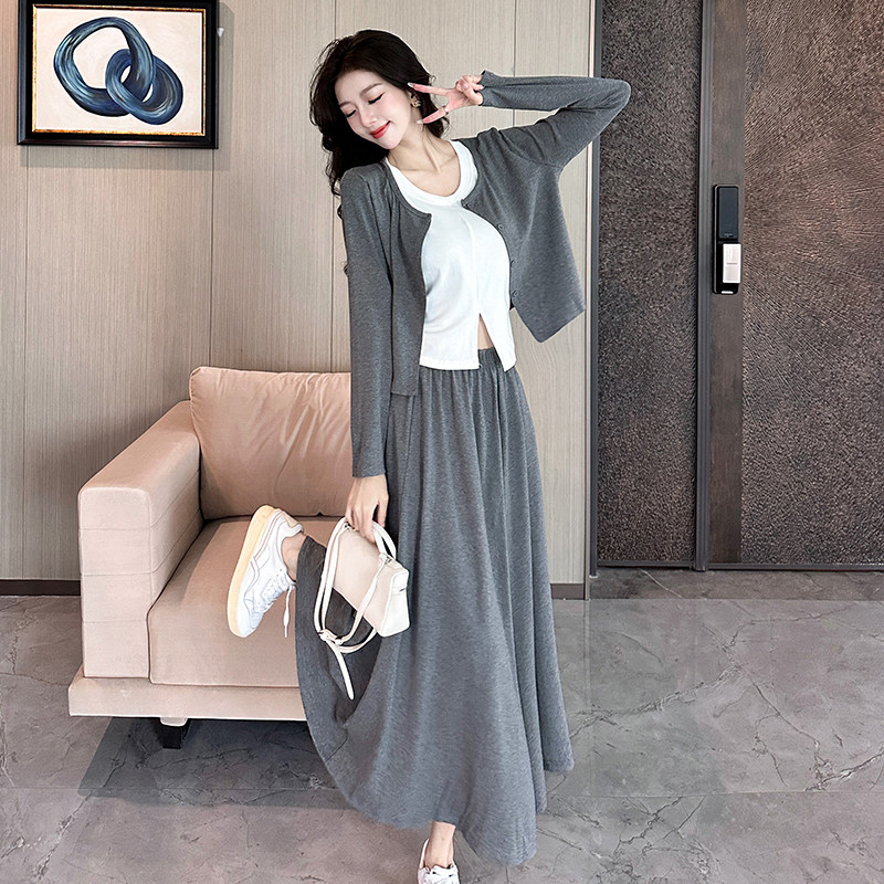 小个子韩版舒适慵懒小开衫+无袖背心显瘦半身裙三件套长裙套装xs