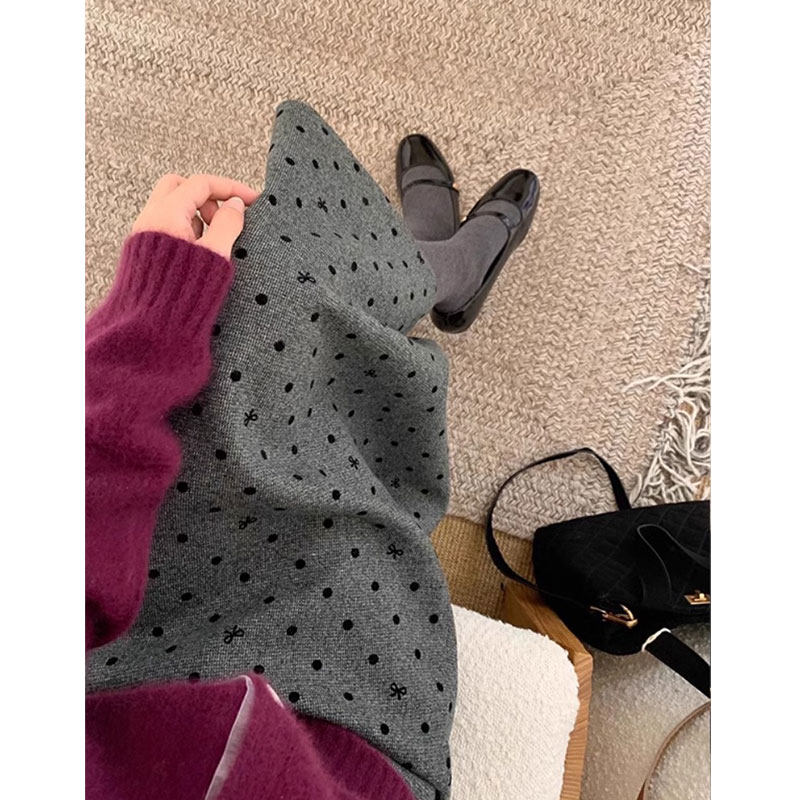 秋冬新款小个子韩系灰色波点毛呢半身裙直筒裙后开衩中长款a字裙