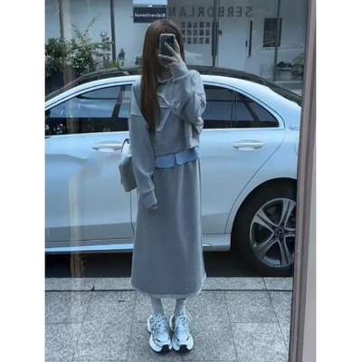 150cm小个子秋冬韩系减龄时尚套装Polo领叠穿卫衣包臂半身裙xs女