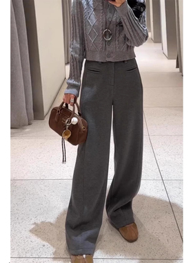 145CM深灰色毛呢休闲阔腿裤百搭显瘦矮小个子高腰直筒休闲裤xs女