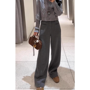 145CM深灰色毛呢休闲阔腿裤 xs女 百搭显瘦矮小个子高腰直筒休闲裤