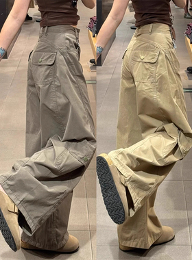 2025秋季新款军绿色工装休闲裤设计感垂感宽松小个子显高阔腿裤子