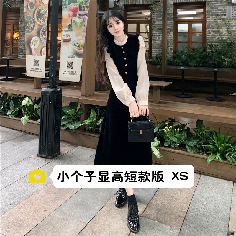 145cm矮个子法式复古小香风丝绒连衣裙高级感气质长袖收腰长裙秋