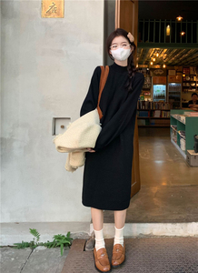 小矮个子145秋冬新款2023韩系宽松半高领长袖连衣裙女直筒针织裙