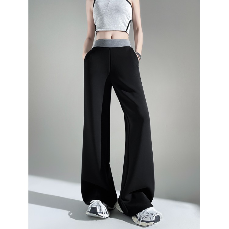 显瘦穿搭小个子高腰铜氨莫代尔空气层黑色阔腿裤宽松卫裤直筒裤夏