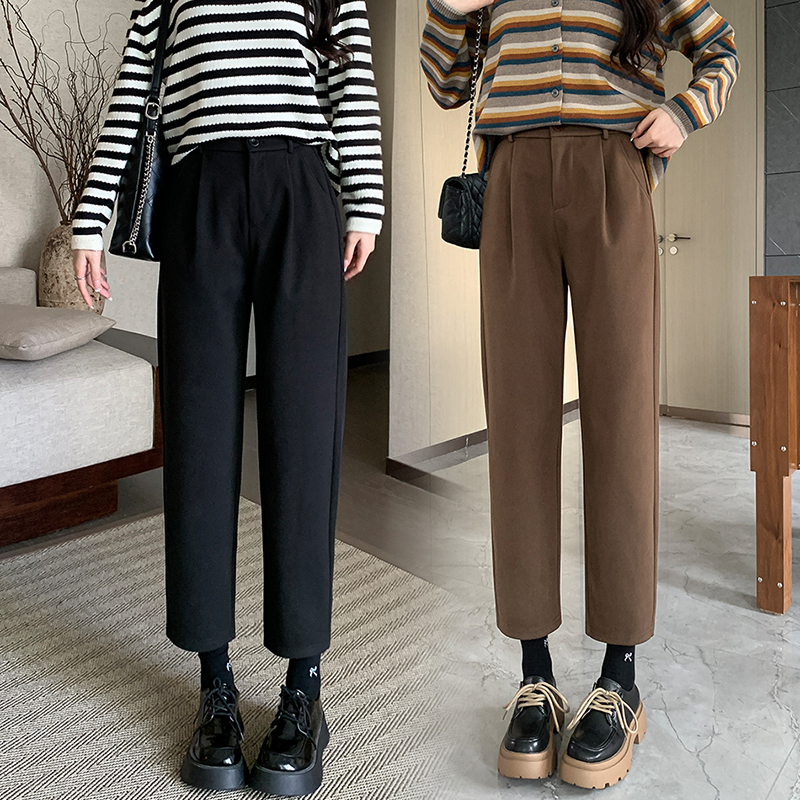 冬季新款矮小个子毛呢哈伦裤宽松显瘦145CM垂感百搭休闲裤直筒裤