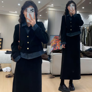 小个子时尚套装150法式复古假两件牛仔拼接灯芯绒上衣半身裙xs秋