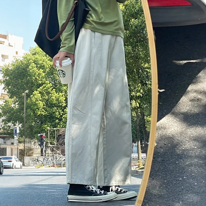 小个子秋季日系米白色九分休闲弯刀裤150高腰宽松工装阔腿哈伦裤