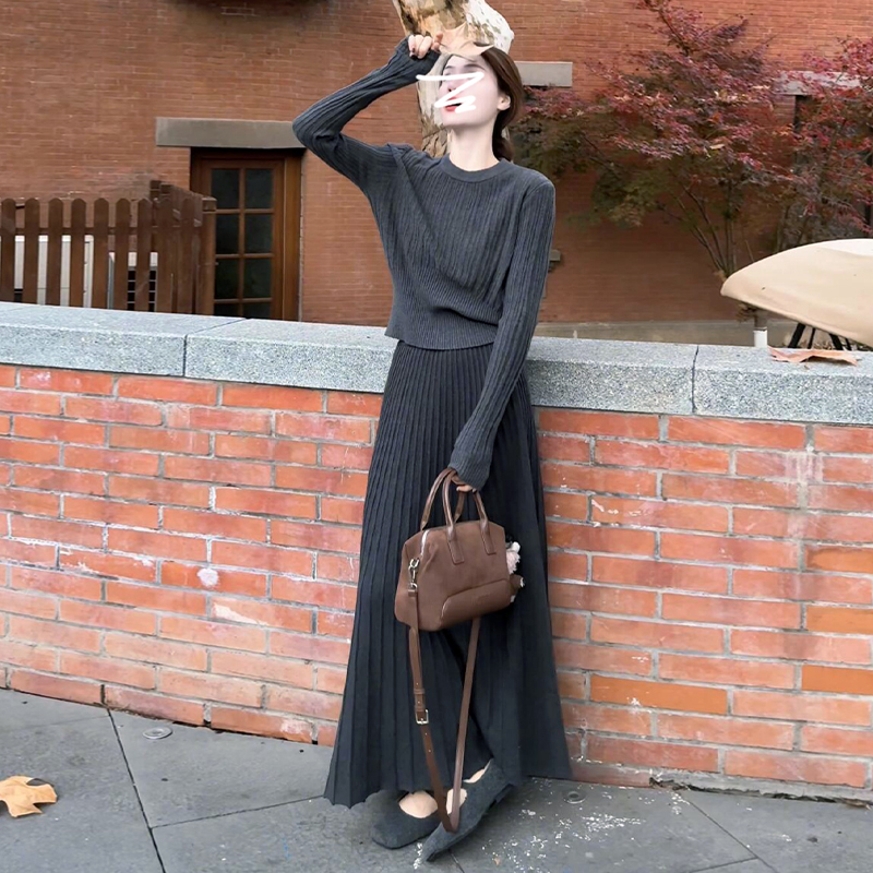 150小个子法式高级感灰色针织毛衣高腰半身裙145秋冬气质套装女xs