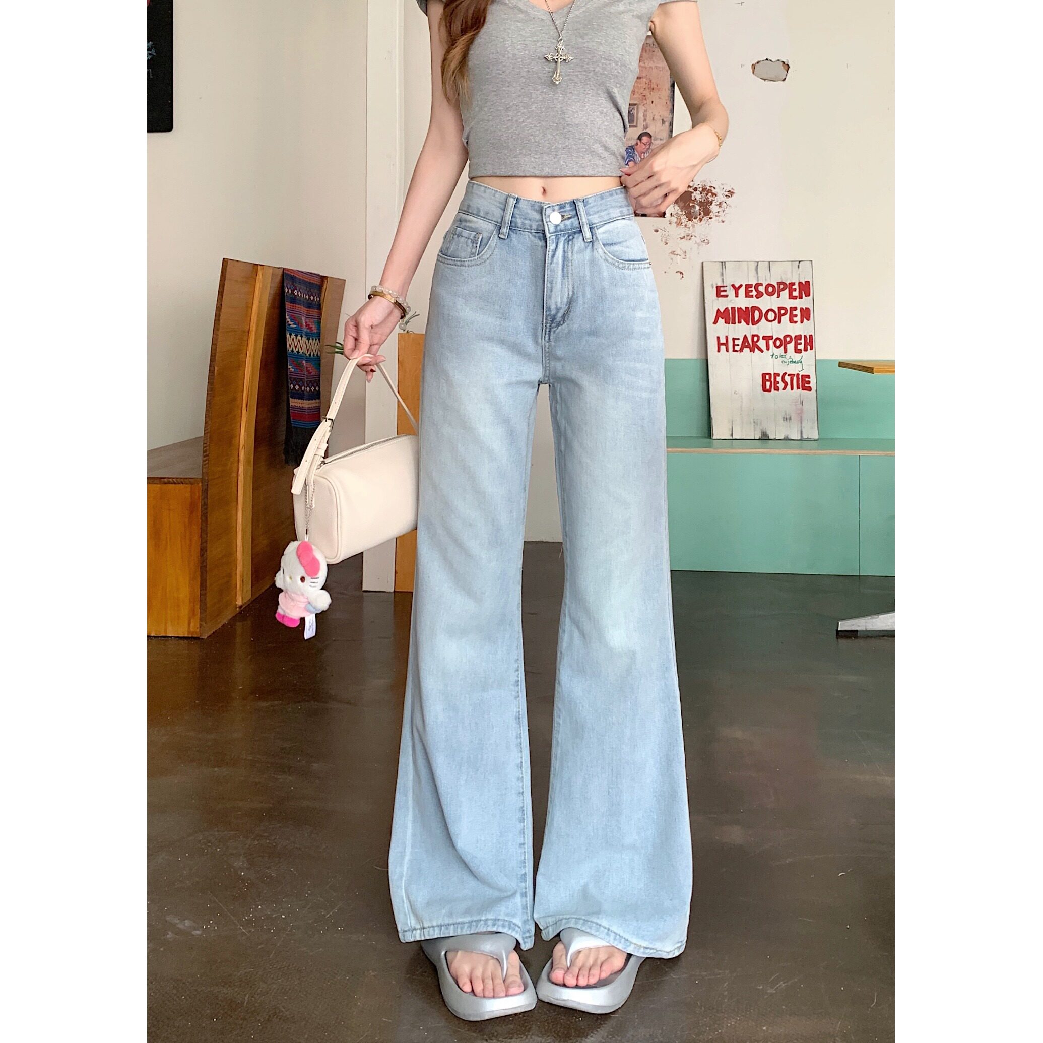 150小个子复古水洗浅色宽松微喇牛仔裤145CM高腰显瘦喇叭拖地长裤