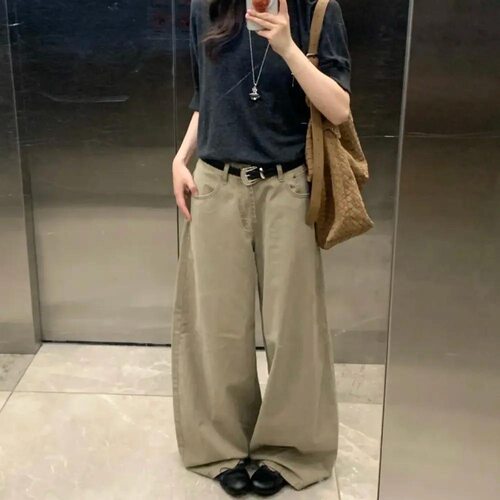 小个子卡其色宽松阔腿牛仔裤美式显瘦145cm显高高腰直筒拖地长裤
