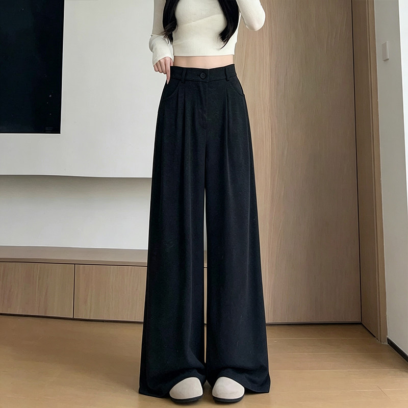 小个子早秋穿搭黑色西装糯米裤高腰百搭垂感直筒休闲阔腿拖地裤女