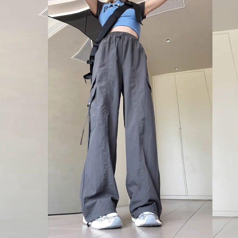 显高穿搭小个子高腰美式工装裤宽松百搭直筒阔腿裤休闲灰色运动裤