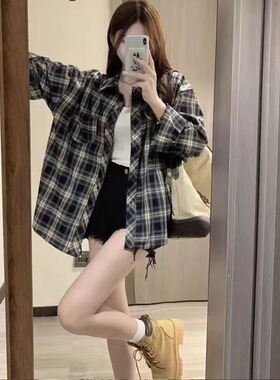 145cm小矮个子港风复古格子衬衫上衣韩版polo领开衫外套xs码小码