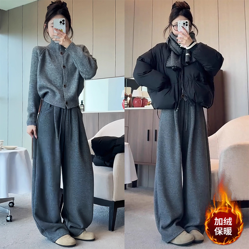 145CM小个子灰色毛呢阔腿哈伦裤高腰加绒保暖抽绳休闲直筒弯刀裤