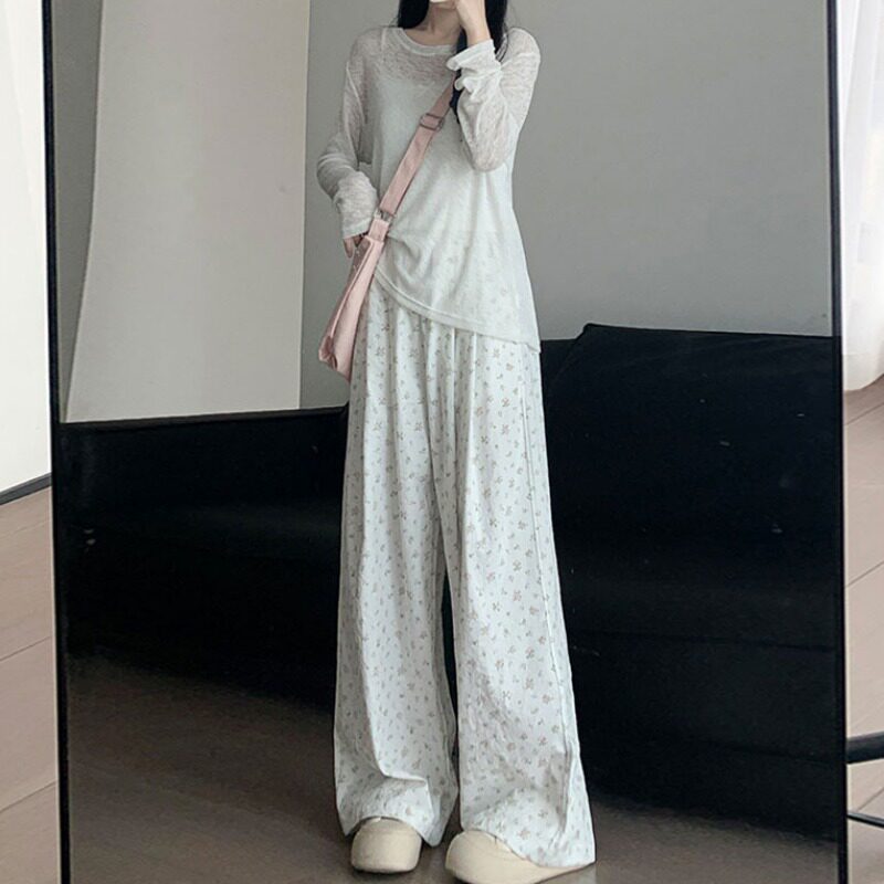 小个子森系碎花直筒裤百搭显瘦150高腰宽松阔腿裤美式运动休闲裤