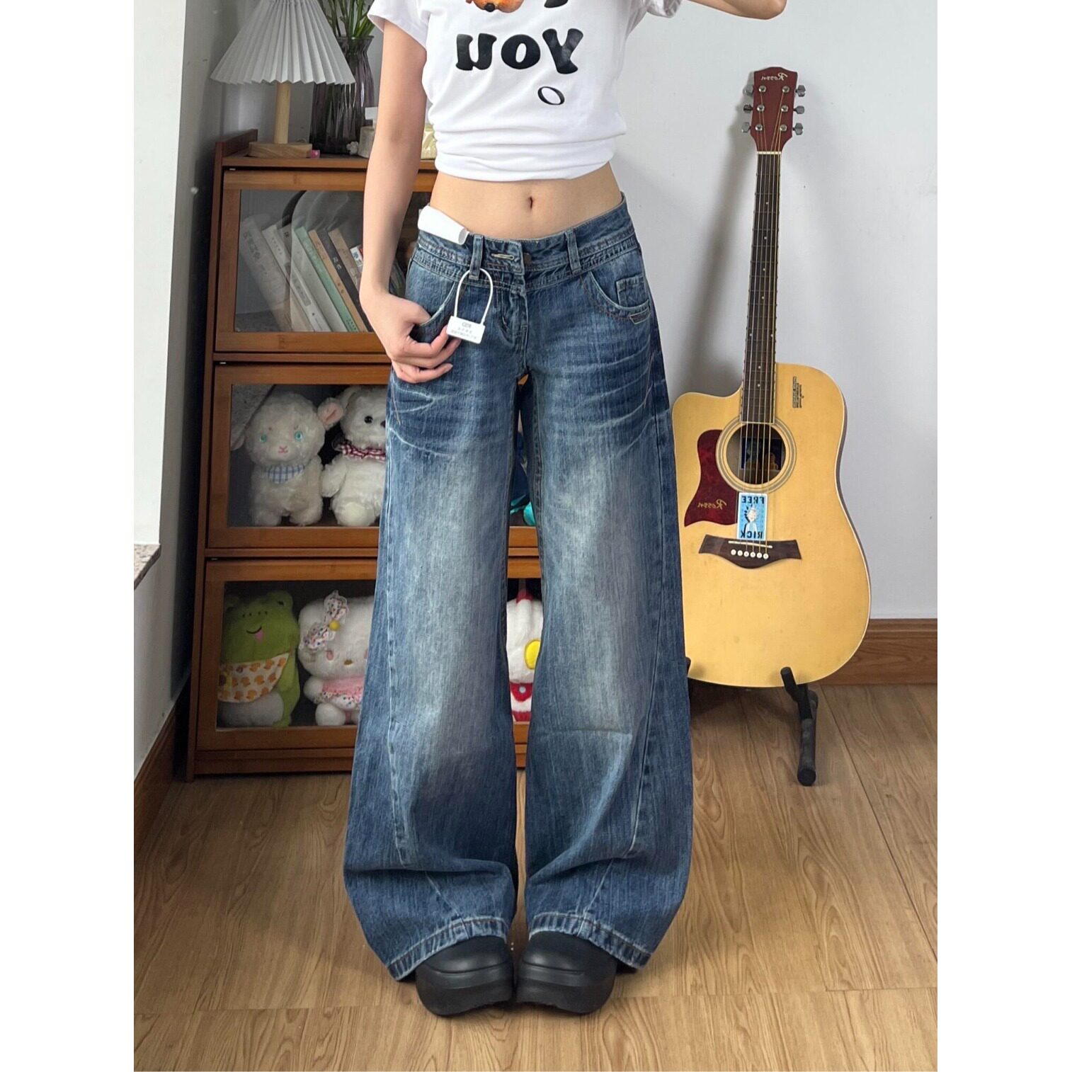 矮小个子美式复古低腰不贴腿微喇牛仔裤150辣妹宽松显瘦阔腿长裤