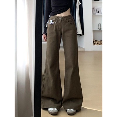 小个子咖色阔腿微喇牛仔裤百搭145CM低腰宽松休闲拖地喇叭长裤XS