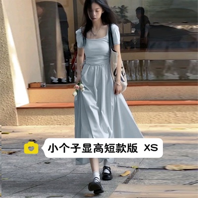 145CM矮小个子法式赫本风方领连衣裙子收腰显瘦气质仙女长裙女夏