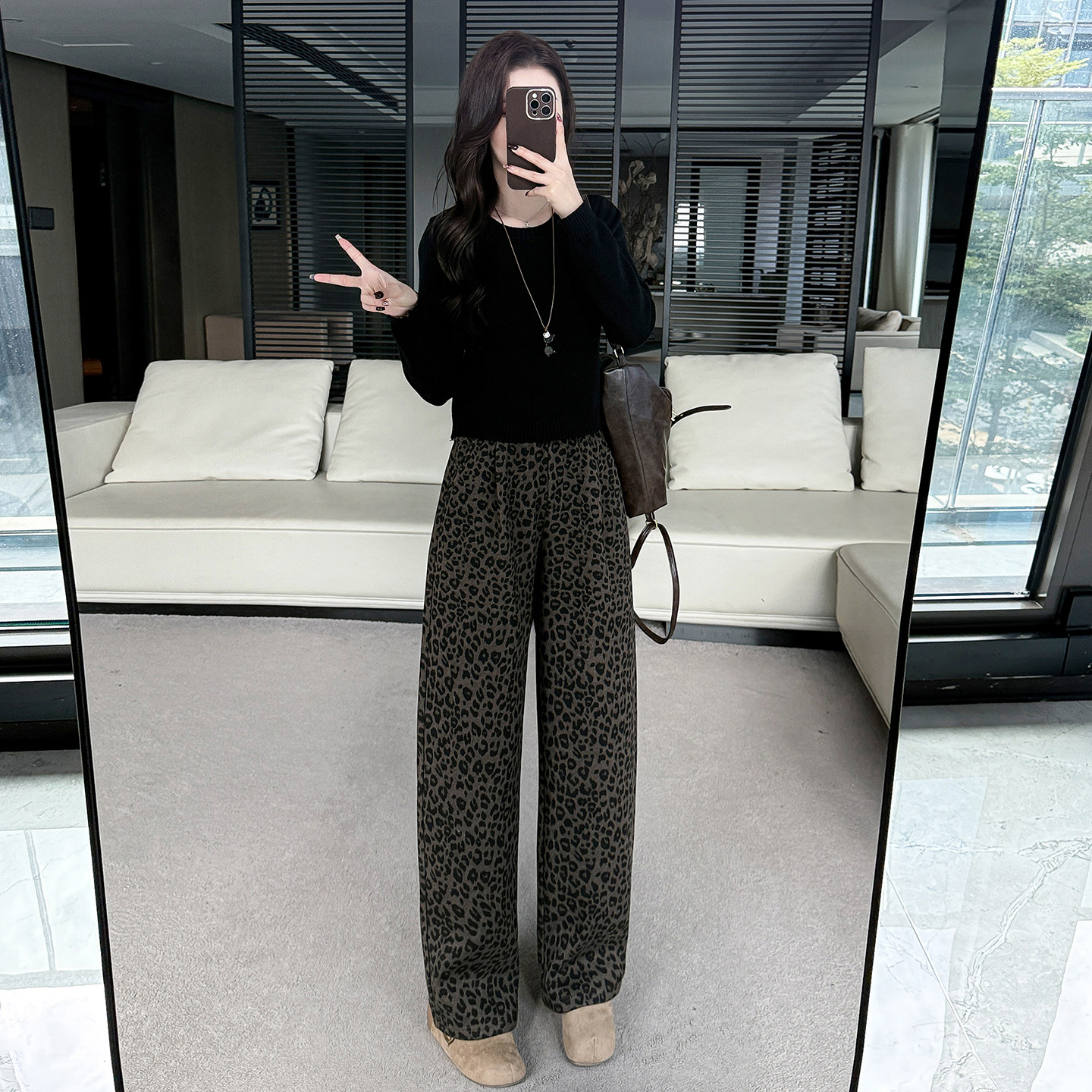 矮小个子豹纹加绒毛呢裤设计感显瘦150高腰宽松阔腿裤直筒拖地裤