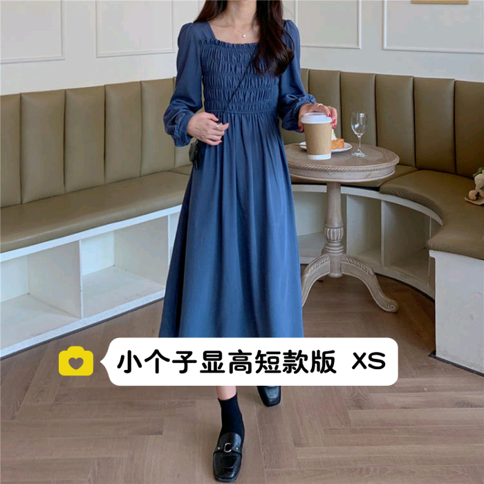 小个子显高145法式复古方领长袖连衣裙150桔梗a字收腰中长裙XS秋