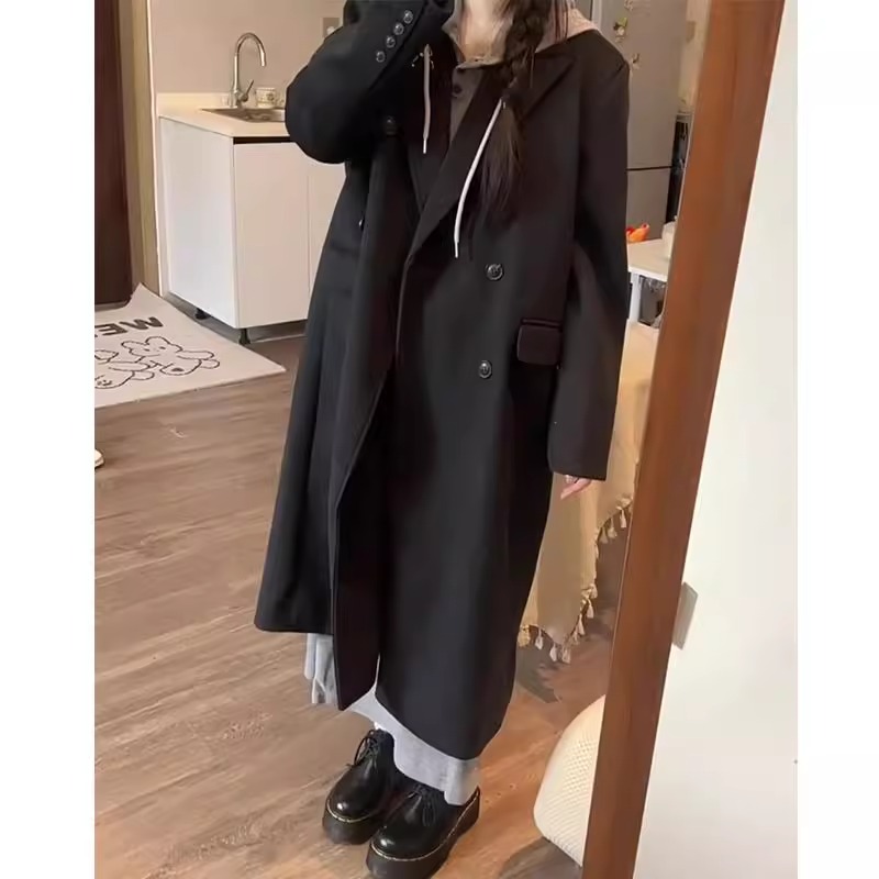 小个子145韩系黑色呢子大衣女2024新款秋冬高级感毛呢外套长款xs