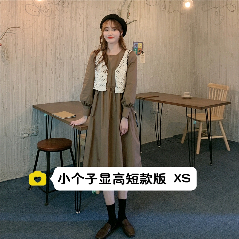 小个子法式泡泡袖长袖连衣裙中长款女秋150cm马甲裙子两件套XS码