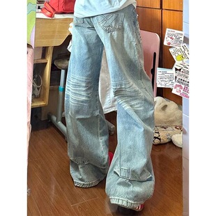 小个子美式低腰弯刀牛仔直筒裤宽松显瘦150cm减龄百搭阔腿拖地裤