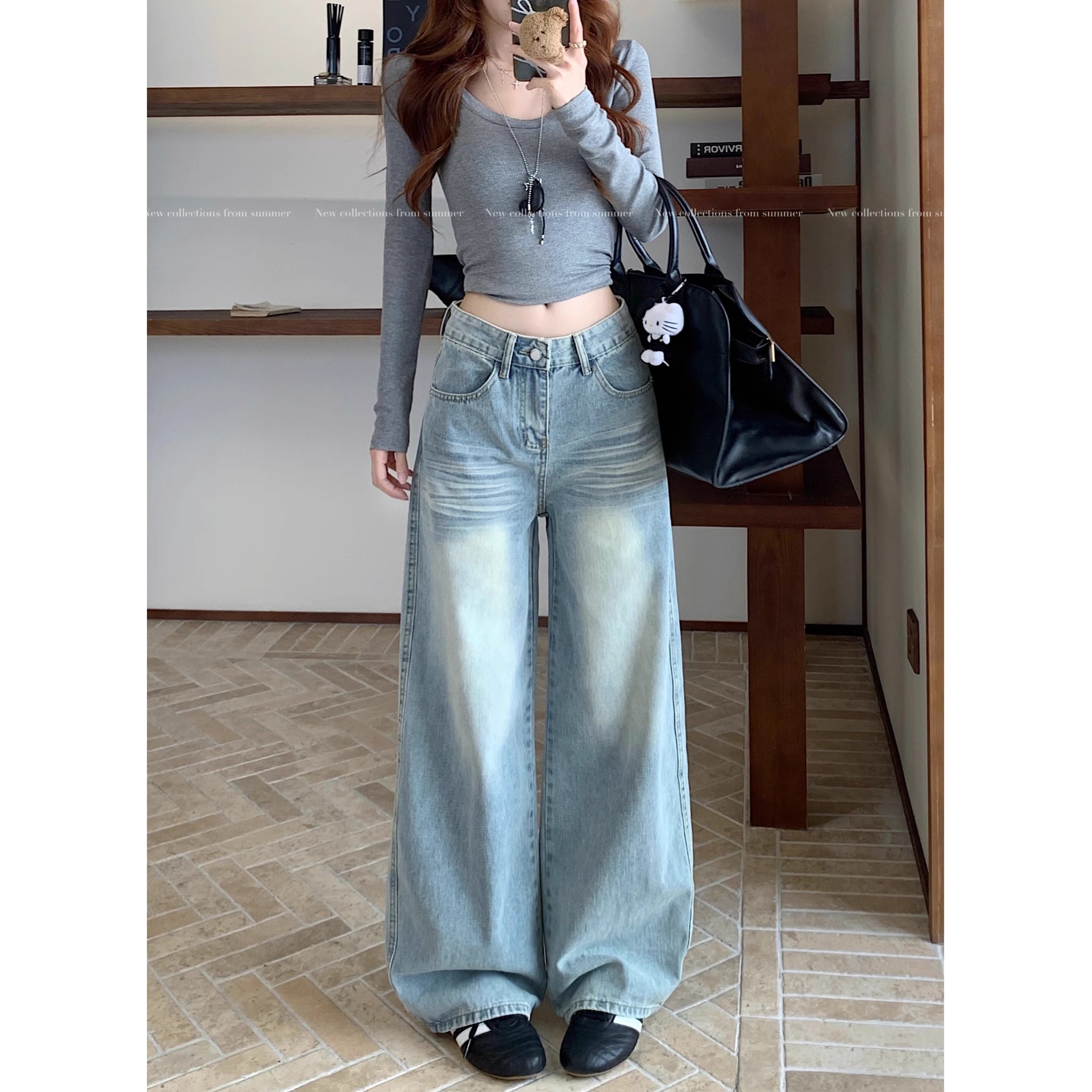 美式辣妹水洗牛仔裤女2025秋季小个子150高腰宽松直筒阔腿长裤xs