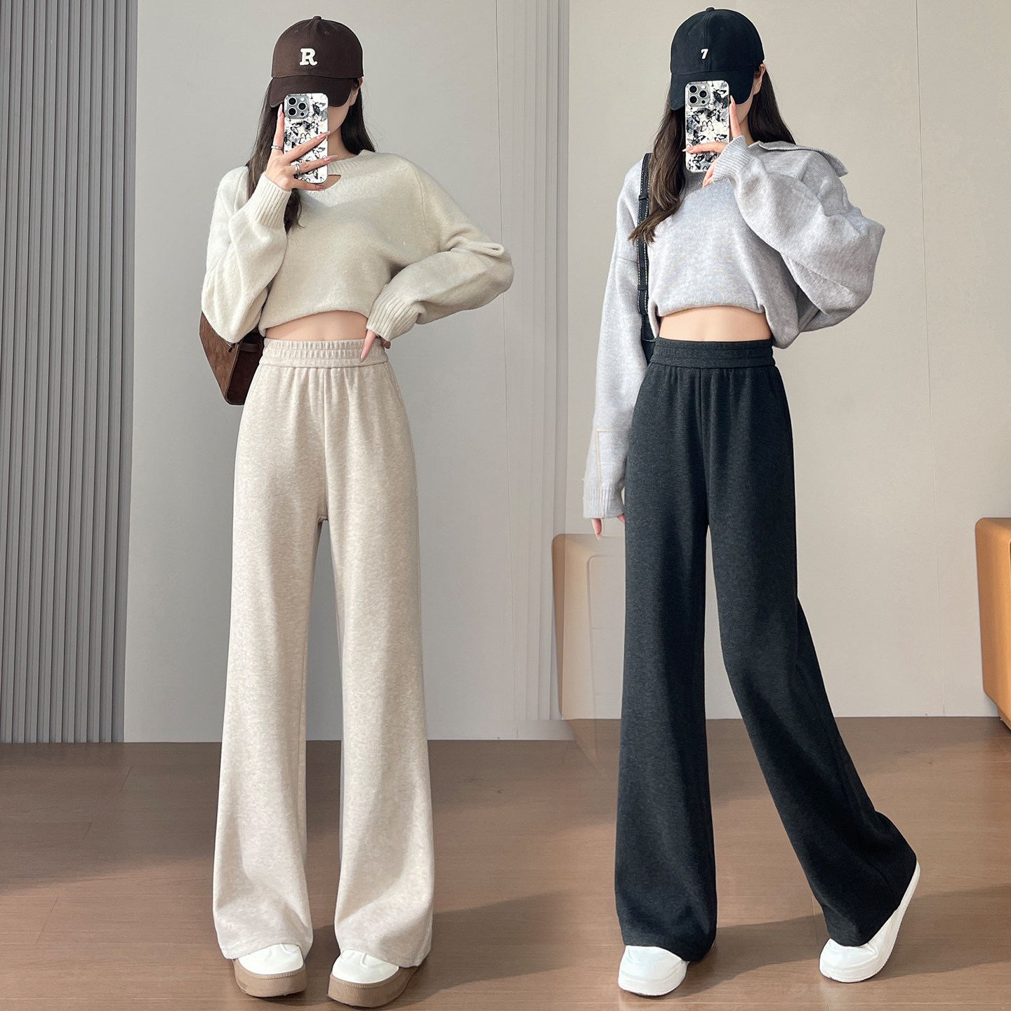 秋冬新款150小个子糯米休闲宽松直筒微喇裤加绒松紧腰九分长裤女