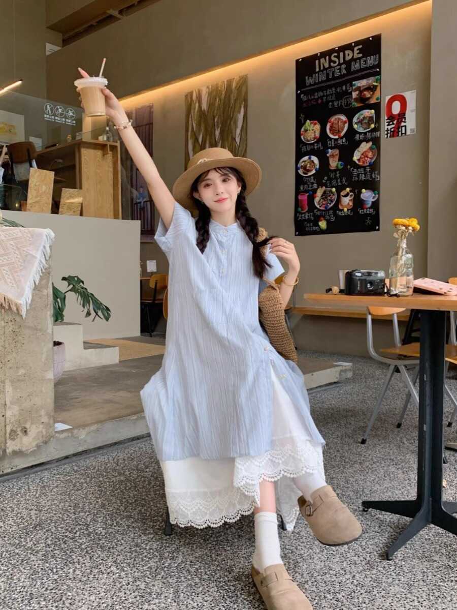 145小矮个子条纹衬衫宽松长款开衫连衣裙女150韩系叠穿搭配xs码夏