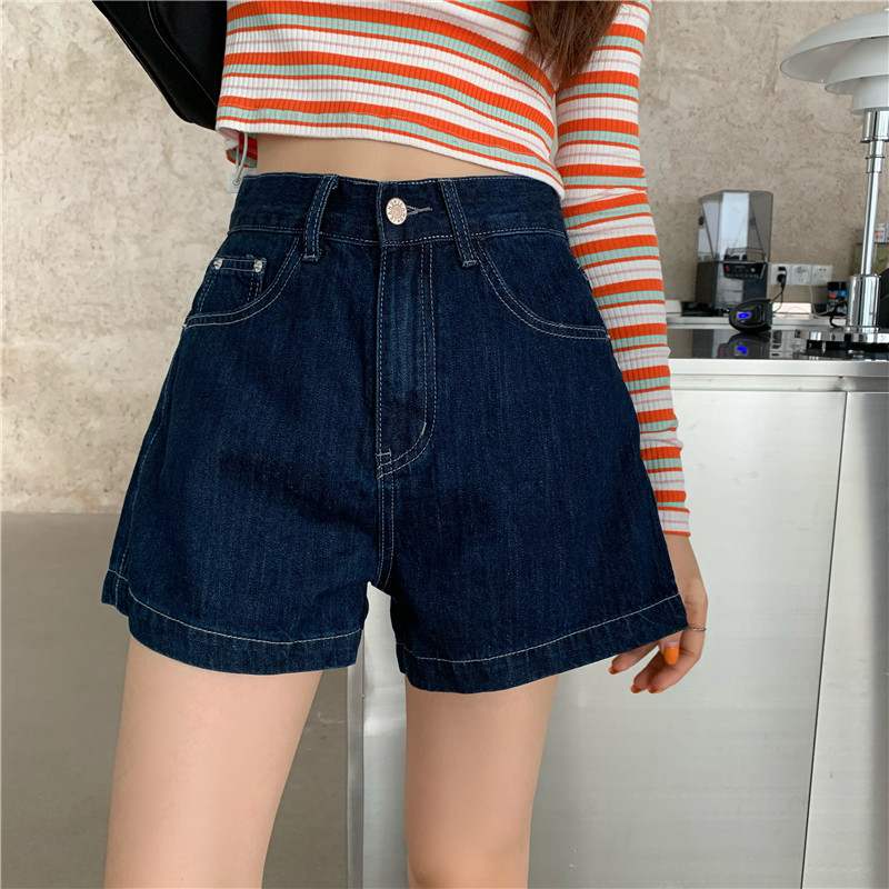 矮小个子深蓝色牛仔短裤显高百搭145cm高腰宽松A字阔腿热裤xxs夏