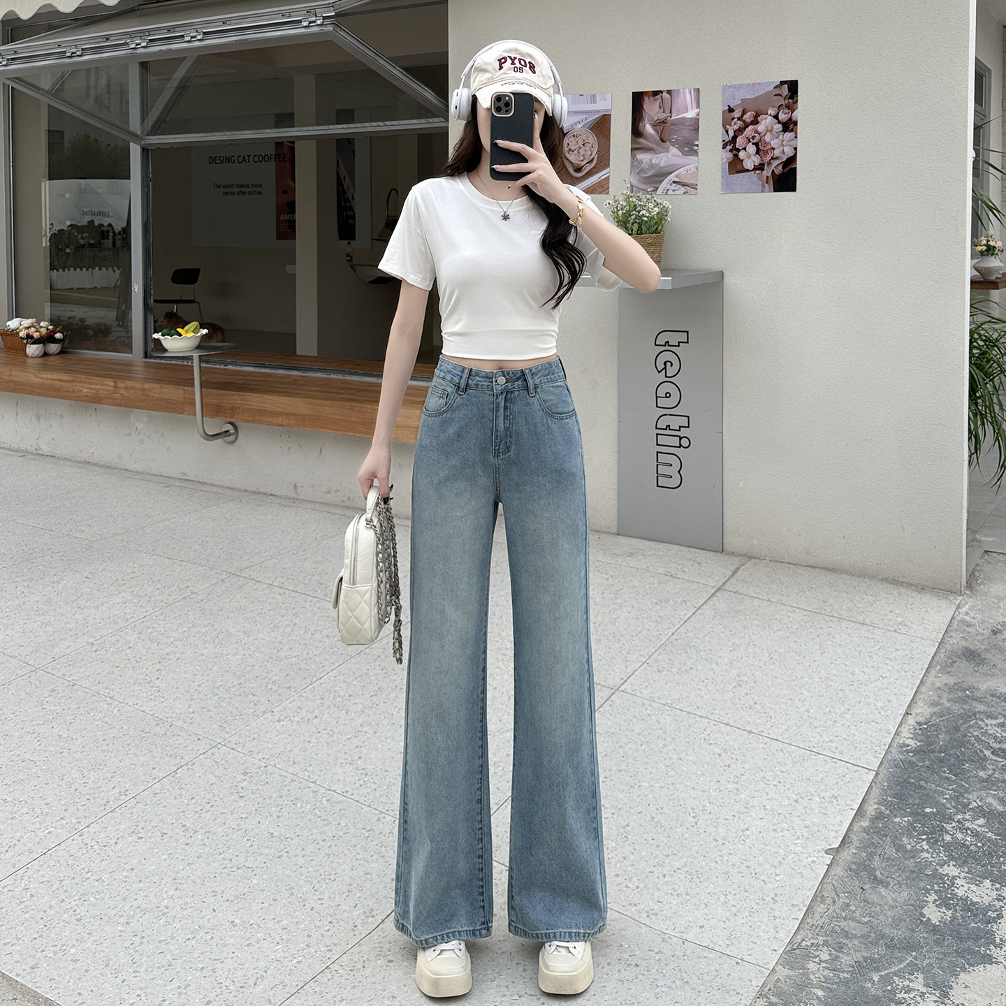 小个子显高高腰阔腿牛仔裤设计感150CM宽松直筒微喇裤九分长裤XS