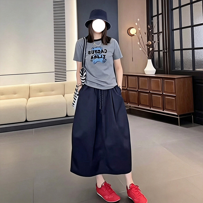 小个子韩系花苞裙时尚简约显瘦松紧腰150宽松抽绳半身中长裙A字裙