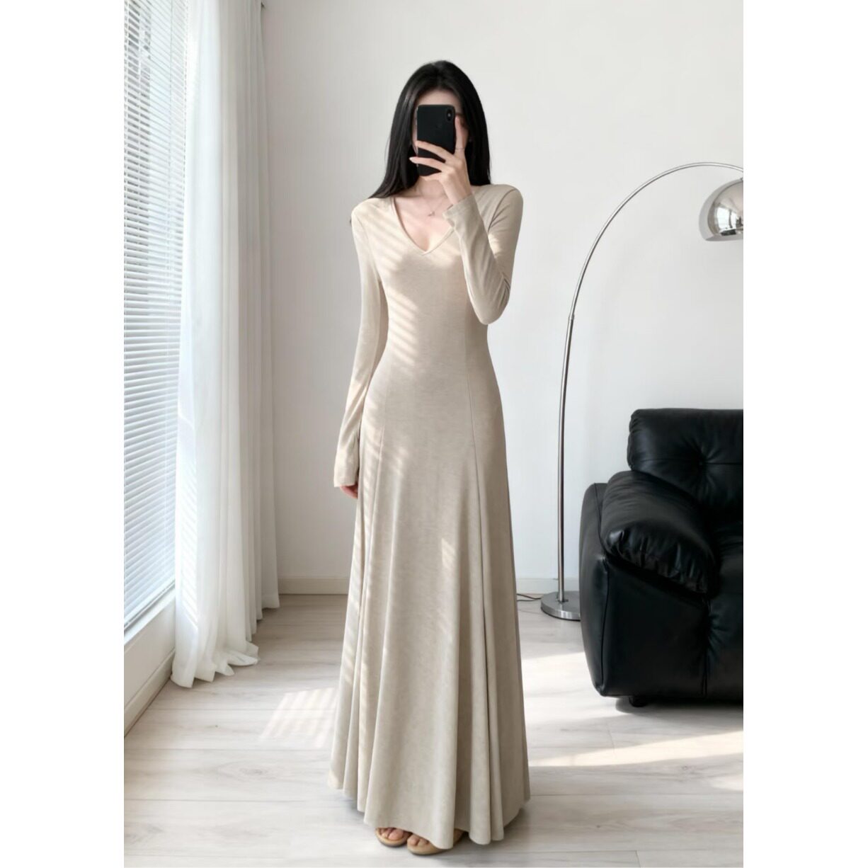 145小个子修身长袖针织连衣裙150CM显瘦V领内搭打底中长裙xs女春