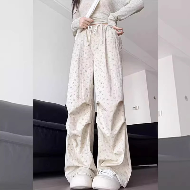 减龄穿搭小个子碎花窄版山本休闲裤150CM高腰垂感白色阔腿裤xs夏