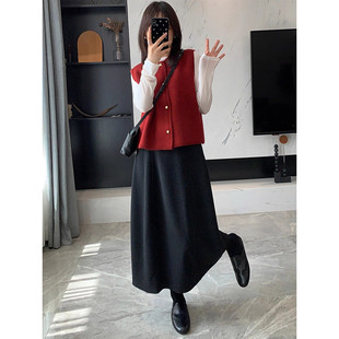 矮小个子气质毛呢半身裙复古遮胯145CM高腰百搭中长款 a字伞裙XXS