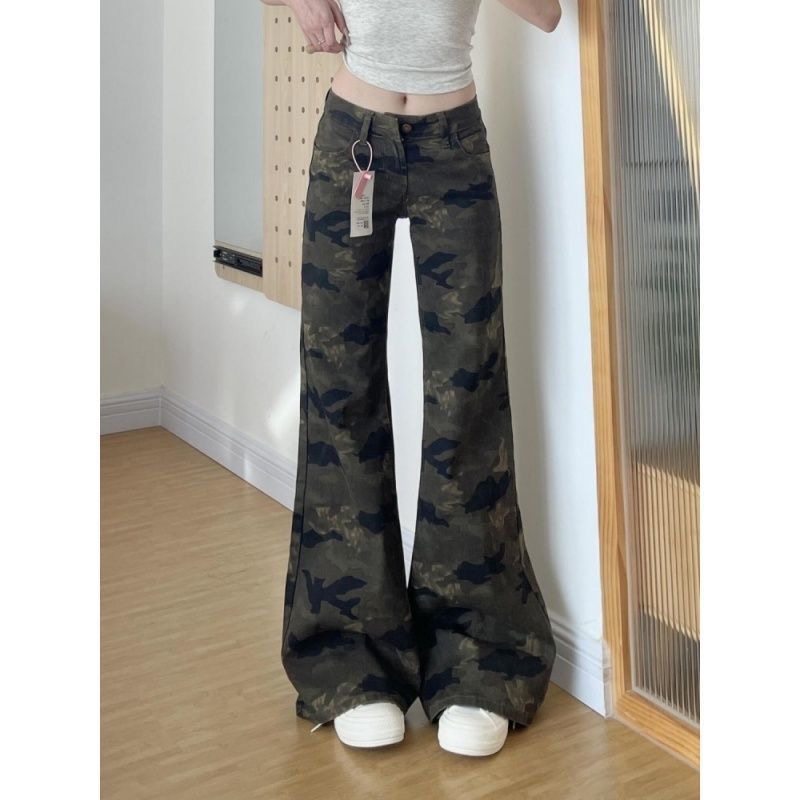 小个子迷彩阔腿微喇牛仔裤145CM低腰显瘦宽松辣妹直筒喇叭长裤XS