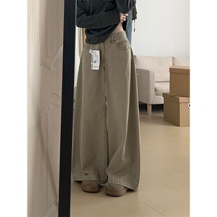 小个子卡其色垂感阔腿牛仔裤美式复古150cm高腰宽松直筒拖地长裤