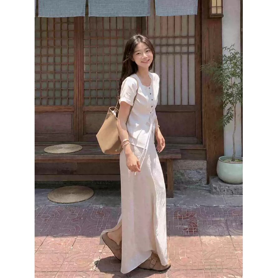 小矮个子减龄假两件短袖衬衫气质淑女150cm显高高腰a字半身裙套装