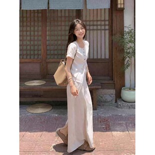 小矮个子减龄假两件短袖衬衫气质淑女150cm显高高腰a字半身裙套装