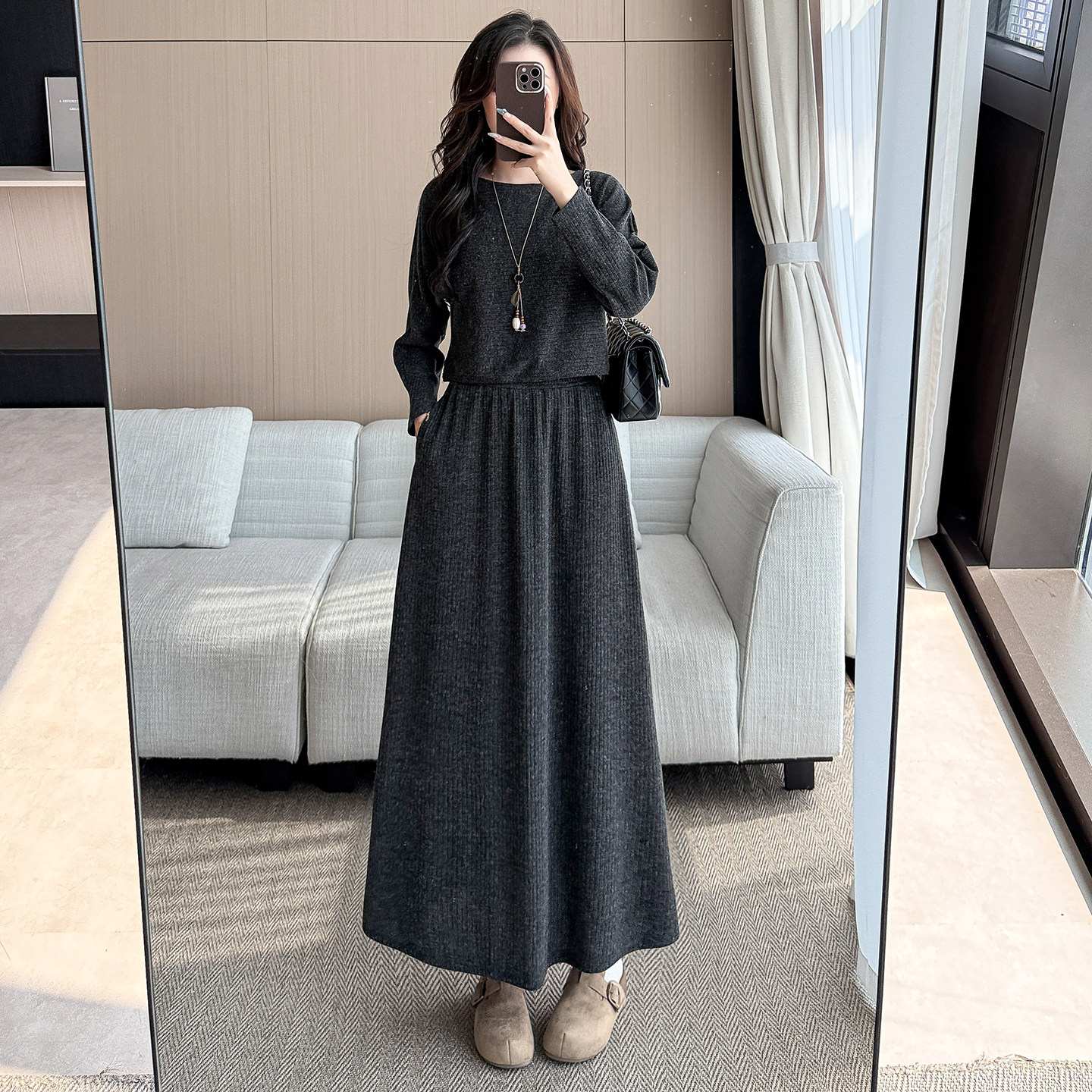 显瘦穿搭矮小个子145CM长袖针织衫上衣高腰垂感半身裙两件套装女