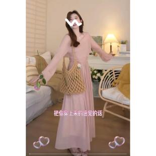 小矮个子150春季新款长裙女气质时尚套装粉色吊带连衣裙罩衫xs码