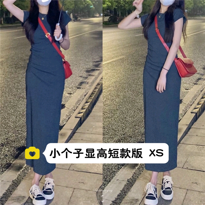 145小矮个子裙子150显高百搭气质直筒短袖长款连衣裙t恤裙xs码夏