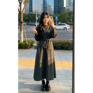 韩女穿搭小个子显瘦气质设计感长袖上衣145cm高腰垂感A字半身裙XS