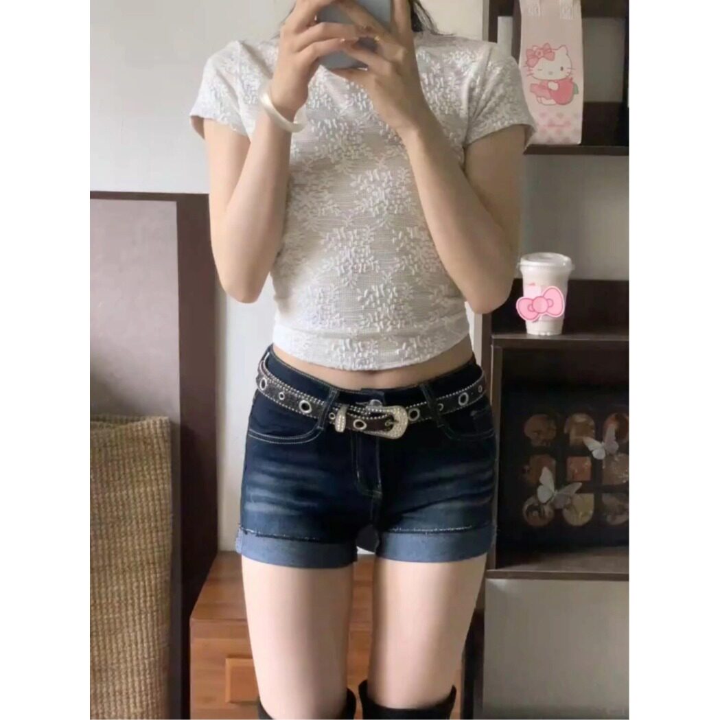 显瘦穿搭小个子深蓝色卷边性感牛仔短裤145cm高腰包臀裤A字热裤潮