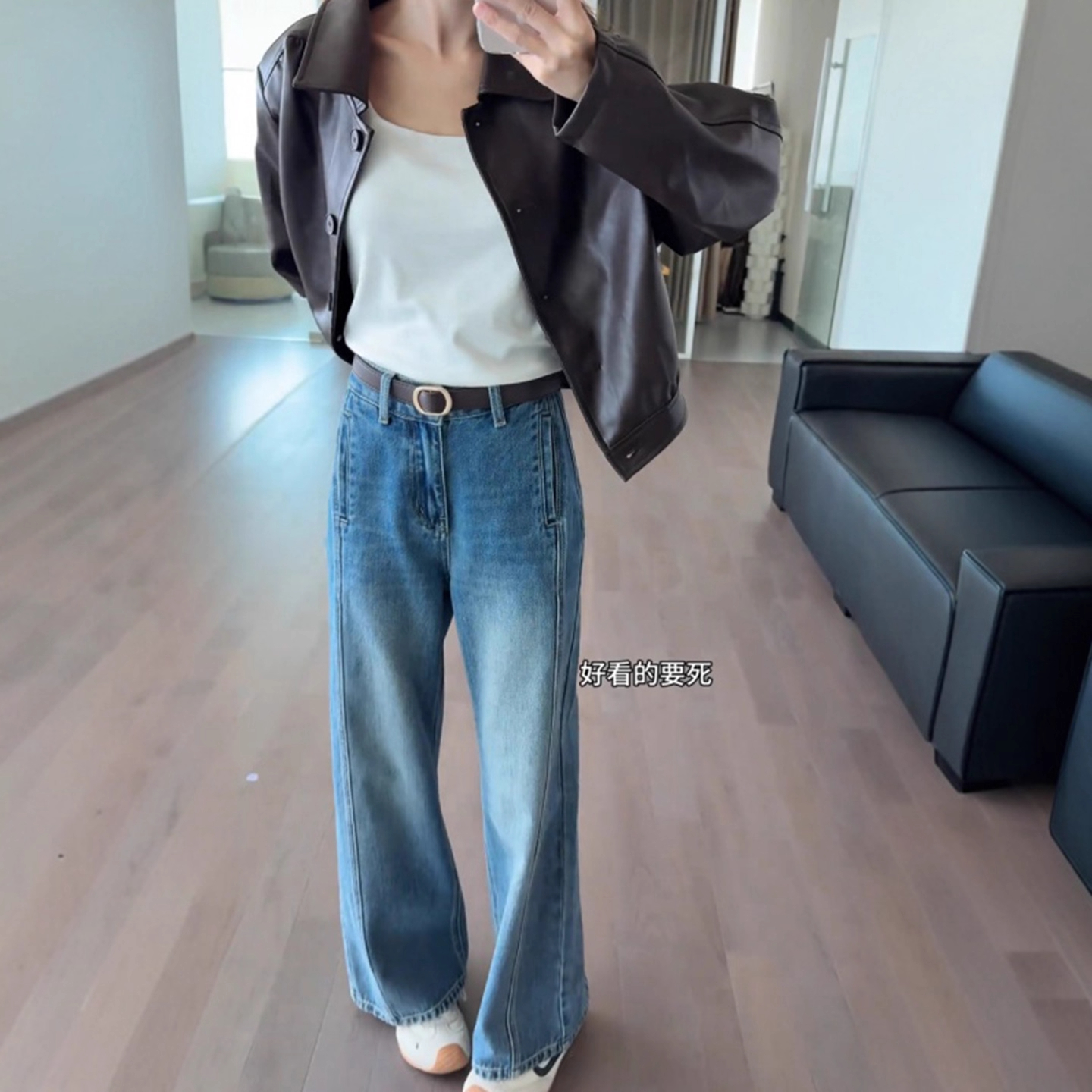 矮小个子蓝色弯刀牛仔裤冬季加绒145高腰窄版直筒萝卜阔腿裤xxs女