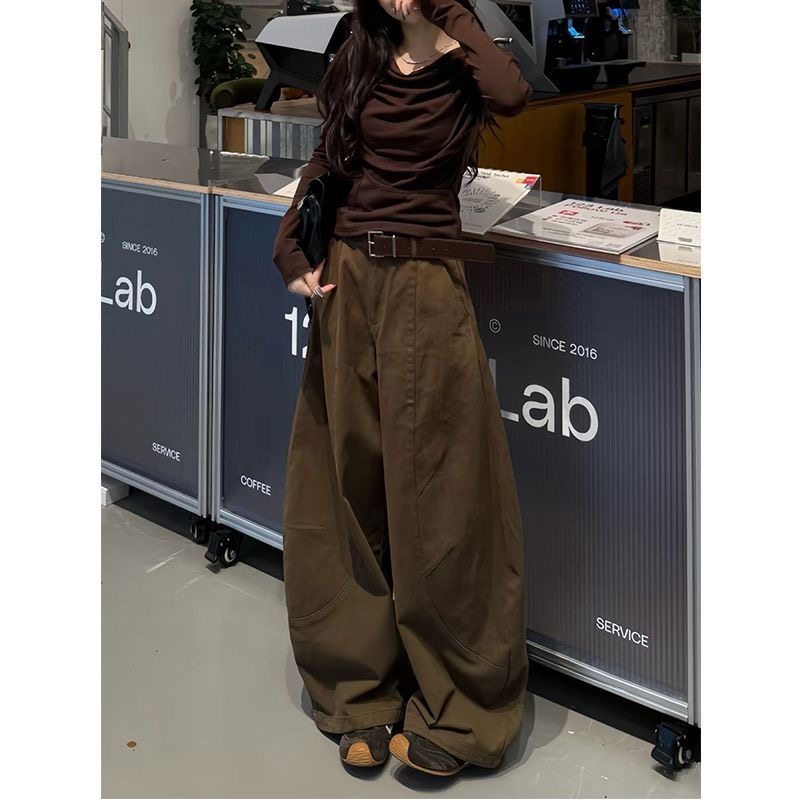 小个子咖色阔腿弯刀牛仔裤美式复古145CM高腰宽松直筒休闲工装裤
