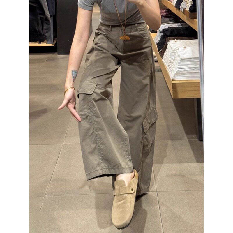 美式复古小个子xs休闲工装裤女秋季新款多口袋咖色百搭显瘦弯刀裤