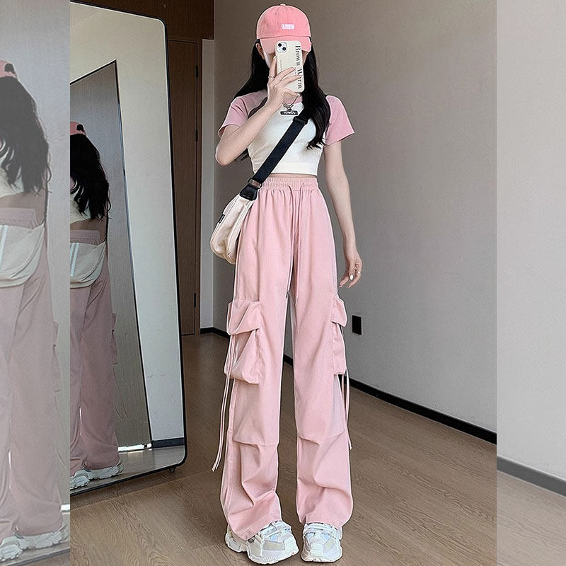 减龄穿搭矮小个子粉色工装裤美式直筒150高腰休闲阔腿速干运动裤